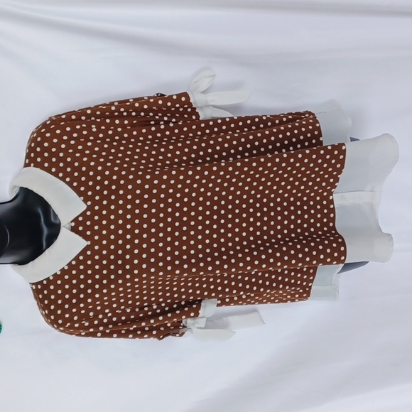 Vintage Style Brown & White Polka dot Collared Bow Tie Sleeve Blouse XL, 22" PTP - Picture 1 of 8